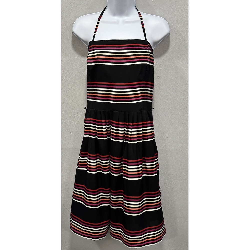 White House Black Market Midi Dress Women's Sz 14 Black Striped Lined Halter Zip